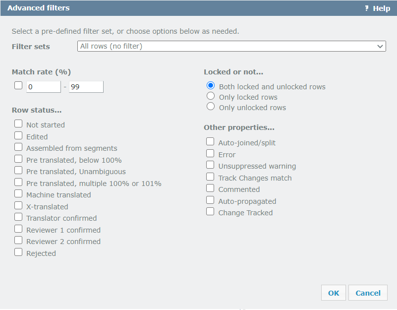 Advanced filters window showing Filter sets dropdown, Match rate in %, Row status checkboxes to check, Locked or not radio buttons to choose from, and other properties user can select from.