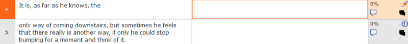 Source and target segments showing source segment that was wrongly split - text is wrongly divided.
