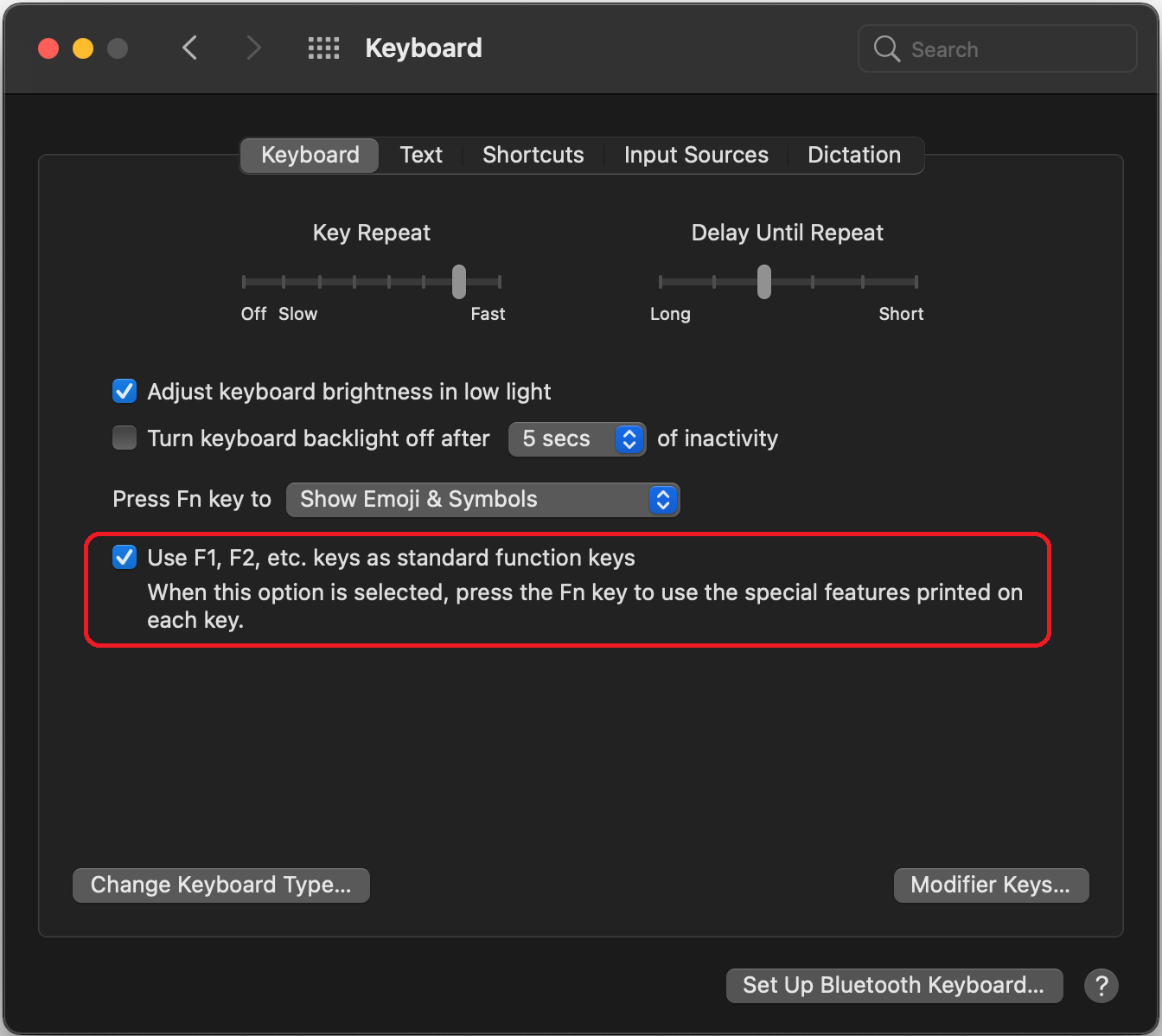 Window showing keyboard preferences options available for MAC users: key repeat, delay until repeat, adjust keyboard brightness in low light, turn keyboard backlight off after xx sec of inactivity, press Fn key to (choose from dropdown) and use F1, F2, etc. keys as standard function keys.