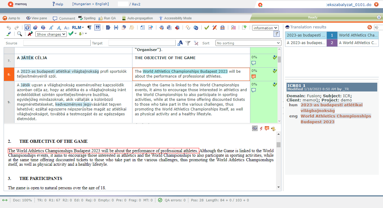 Translation editor window showing translation grid with source and target columns, view pane, translation results, and all possible buttons above the translation grid to edit your translation.