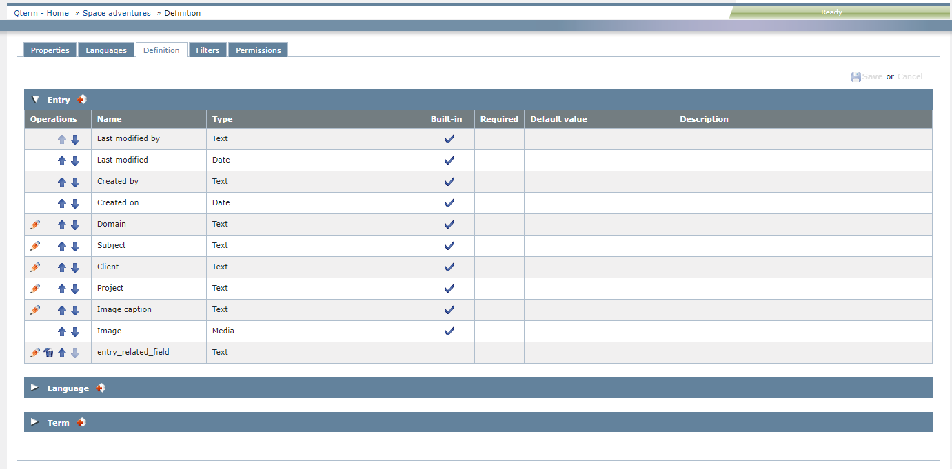 Definition tab of the Qterm Settings window showing entry-level and language-level fields collapsed and term-level fields expanded. The fields table has 7 columns: operations, name, type, built-in, required, default value, and description.