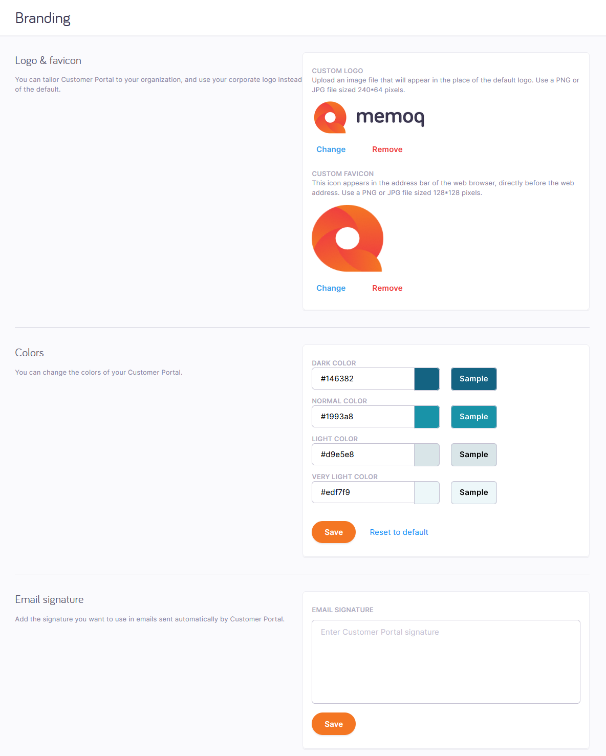 Branding page displaying options to upload a custom logo and favicon, with Change and Remove links for them, color pickers for customer portal theme colors with Save and Reset to default buttons, and text field for an email signature.