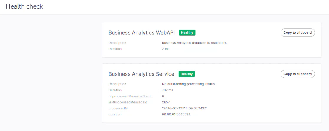 memoQweb's Health check page with information about two services. Both have a Healthy label next to their names, information like Description and Duration under their names, and a Copy to clipboard button.