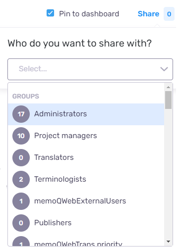 The Who do you want to share with? dropdown list showing all possible groups and users that you can share your chart with.