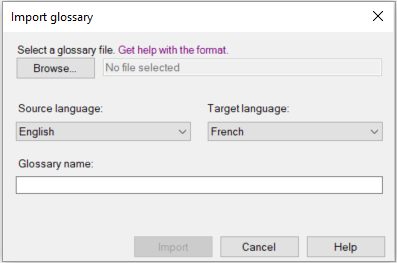Pop-up allowing to browse for glossary, select language pair, and add a name to your glossary. 