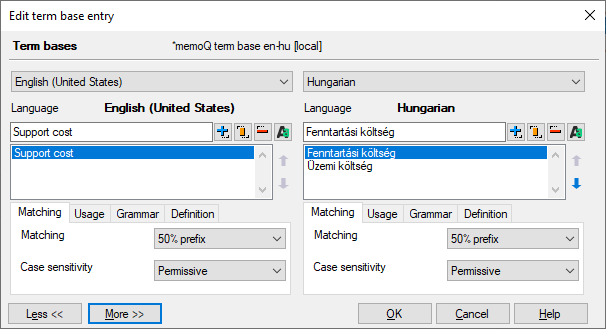 Term base pop-up window allowing to add and edit entries for selected language pair.
