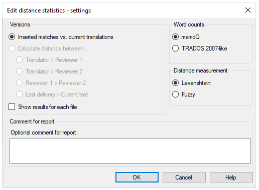 Edit distance statistics - settings window showing Versions, Word counts, Distance measurement, and Comments from report sections. In the right-bottom corner, there are OK, Cancel, and Help buttons.