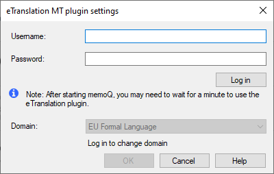 Login pop-up window for eTranslation plugin with domain change option.