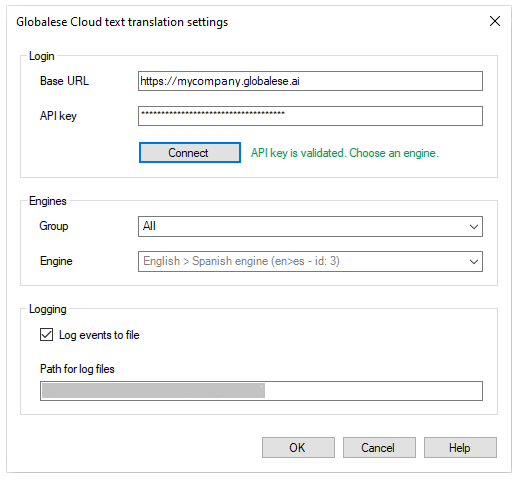 Active Globalese Cloud text translation settings window with the group and engines dropdowns, Logging options, and Path for log files visible.