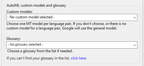 AutoML custom models and glossary part with glossary and custom models dropdowns, and click here link to create your glossary.