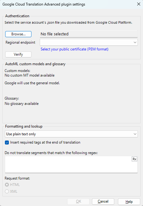 Google Cloud Translation Advanced plugin settings with authentication field, AutoML custom models, glossary, and formatting and lookup fields.