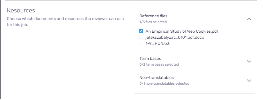 In-country review resources section showing reference files, term bases, and non-translatable files you can choose from to add to the review.