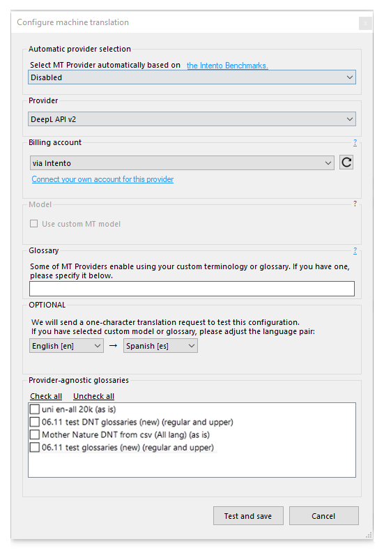 Configure machine translation window showing Glossary field active with visible glossaries to choose from.