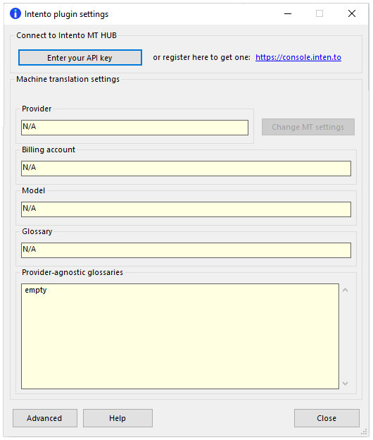 Intento plugin settings window with two options to connect to Intento MT HUB and select provider, billing account, Model, glossary, and provider-agnostic glossaries.