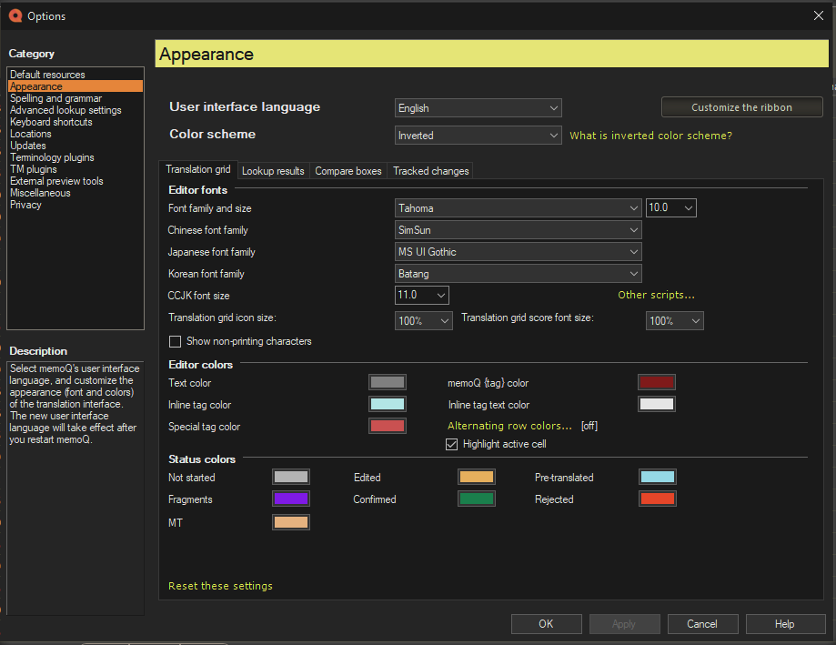 Appearance window showing how the screen looks like when the inverted color scheme is selected.