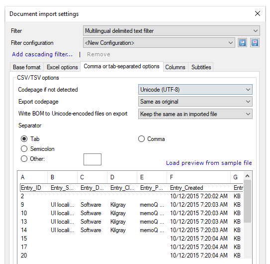 Document import settings window showing Filter and Filter configuration drop-down lists, Add cascading filer link and tabs with Coma or tab-separated options tab open showing CSV/TSV options - drop-downs for Codepage if not detected, Export codepage, and Write BOM to Unicode-encode files on export. Below there are radio buttons for Separator options (tab, semicolon, coma, and other) and Load preview from sample file link. Below there's preview filed showing data.