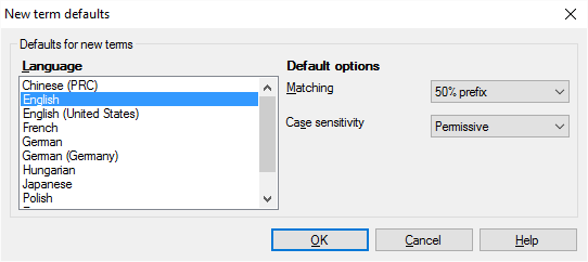 Here you can select languages from the list and set matching and case sensitivity. 