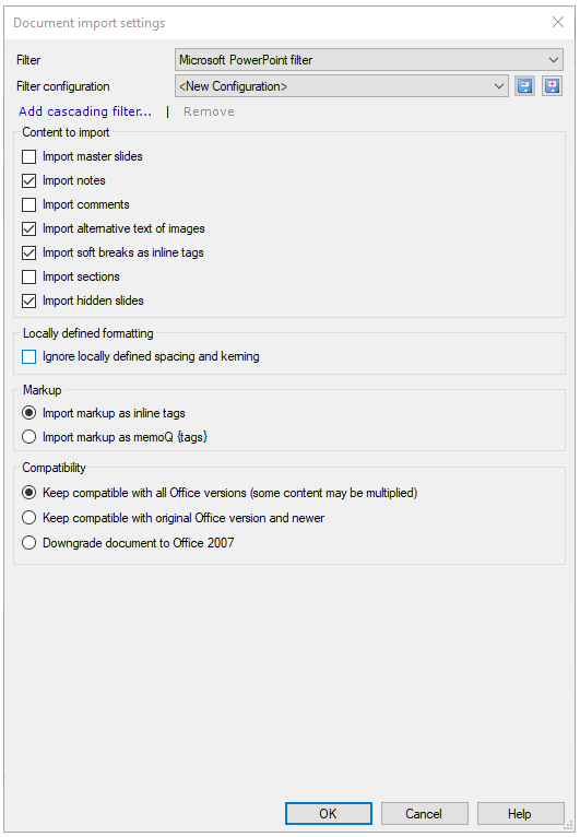 Document import settings for Microsoft PowerPoint filer showing dropdowns for selecting filter and filter configuration, content to import, locally defined formatting, markup, and compatibility options to set.