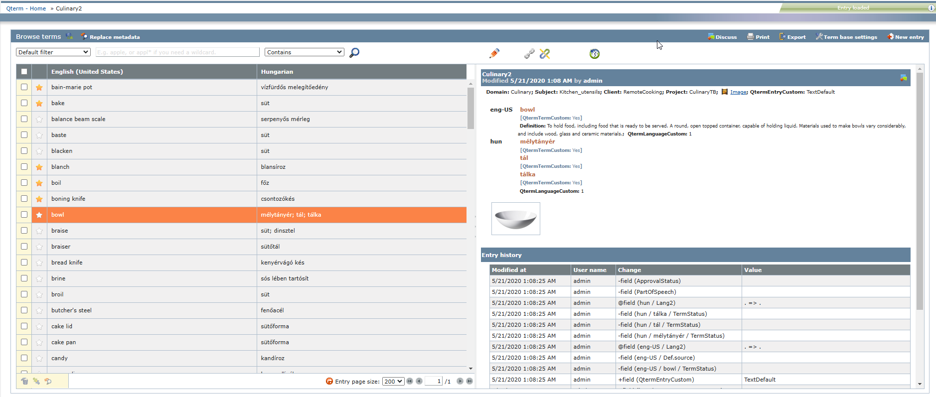 Qterm window showing the selected filters, terms, and entry history.