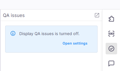 The QA issues panel shows an info message: Display QA issues is turned off with an Open settings link below it.