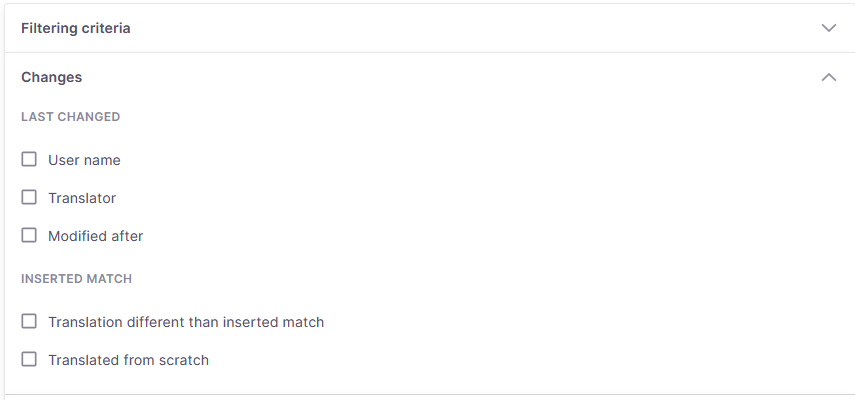 Advanced filtering options with a focus on changes made in the translation. It includes options to filter by user name, translator, modification date, and whether the translation differs from the inserted match or was translated from scratch. This interface helps track specific changes made to the translation.