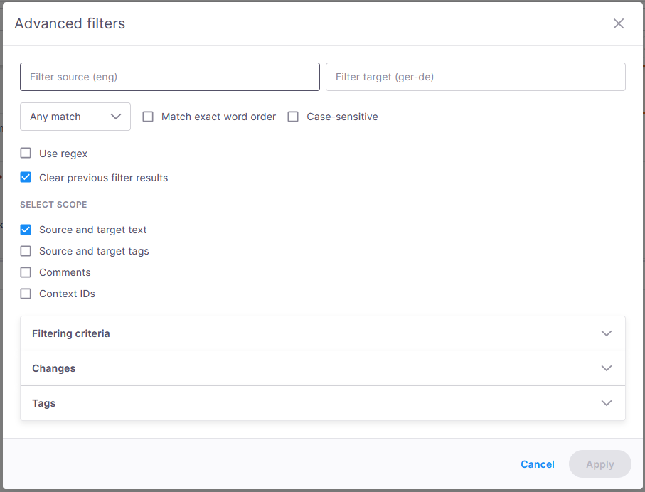 The memoQ Advanced filters dialog box, with fields to filter source and target text and options such as Any match, Match exact word order, Case-sensitive, Use regex, and Clear previous filter results. The Select scope section includes checkboxes for Source and target text (checked), Source and target tags, Comments, and Context IDs. At the bottom are expandable sections for Filtering criteria, Changes, and Tags, with Cancel and Apply buttons in the lower right.