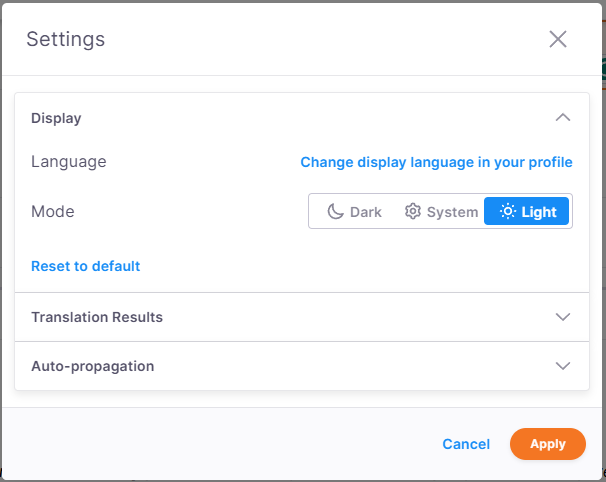 memoQ editor Settings window showing options for display preferences: language (with a link to change it in the profile), mode (Dark, System, Light—Light is selected), and a Reset to default button. There are expandable sections for Translation Results and Auto-propagation. At the bottom, there are Cancel and Apply buttons.