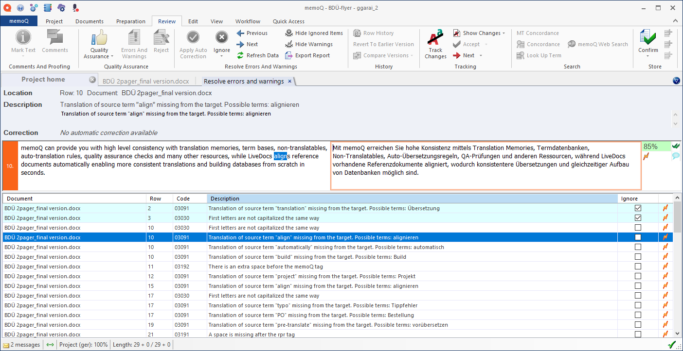 memoq project window with resolve errors and warnings tab open. The tab consists of error location info, description, and proposed correction. Below there's a list of all errors or warnings.
