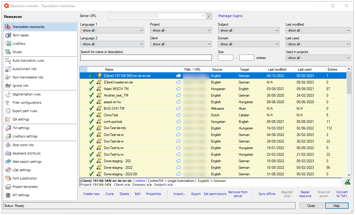 Resource console window showing Translation memories tab open, with server URL field, Manage logins link, sections allowing a user to search for specific translation memory via different dropdowns such as language 1, language 2, project, client, subject, domain, last modified, last used, used in projects. Below there's a list of available translation memories and functional buttons such as Create new, Clone, Delete, etc. On the bottom right corner, there are the Close and Help buttons.