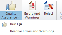 Quality assurance button showing its dropdown menu with available options: Run QA, and Resolve errors and warnings.