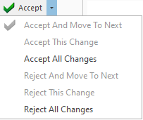 Accept button showing its dropdown menu with available options: Accept and move to next, Accept this change, Accept all changes, Reject and move to next, Reject this change, Reject all changes.