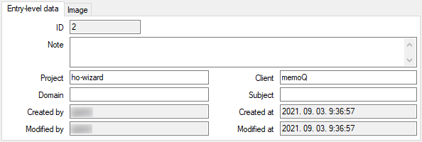 The Entry-level data tab in the Create term base entry window showing id, note, project, domain, created by, modified by, client, subject, created at, and modified at fields.