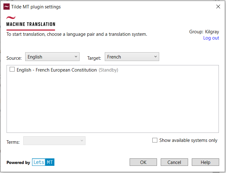 Tilde MT plugin settings window with possible language options.