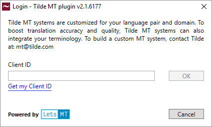 Tilde MT login window. Insert client ID and click OK or click the Get my client ID link.