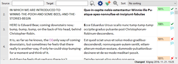 Part of translation editor showing source and target texts, matches, and additional information about texts.