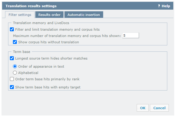 Translation results settings window showing Filter settings tab open with translation memory and LiveDocs and term base option to choose from. At the bottom, there are OK and Cancel buttons.