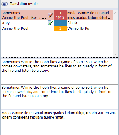 Part of the window showing translation results and suggestions based on resources added to the project. 