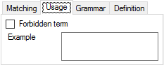 The Usage tab in the Create term base entry window showing a forbidden term check box and field where you can enter your forbidden word.
