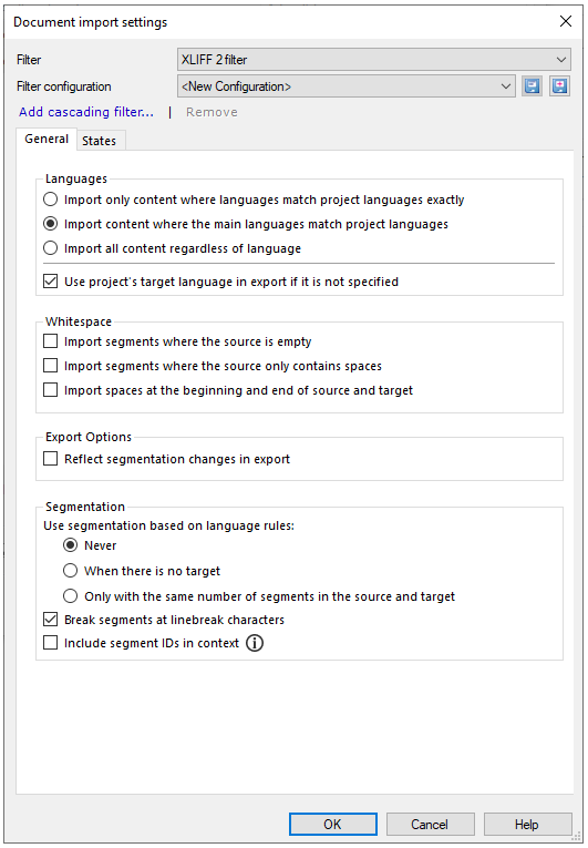 Document import settings window showing Xliff 2 filter selected and the General tab opened. Under the tab, there are Languages, Whitespace, Export Options, and Segmentation. In the bottom-left corner, there are OK, Cancel, and Help buttons.