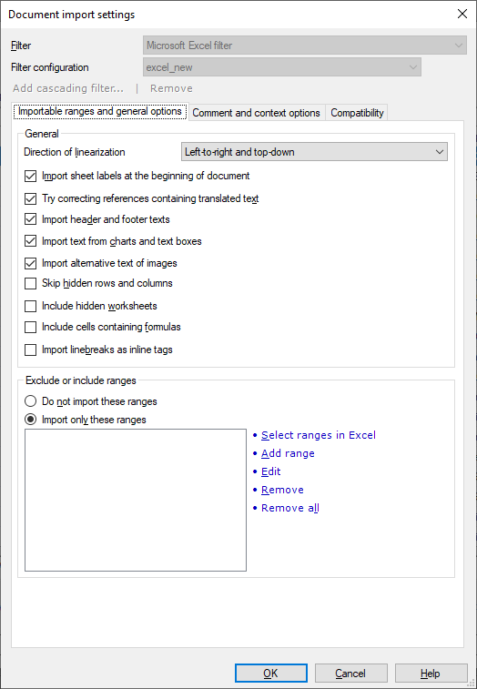 Importable ranges and general options tab with checkbox and radio buttons. 