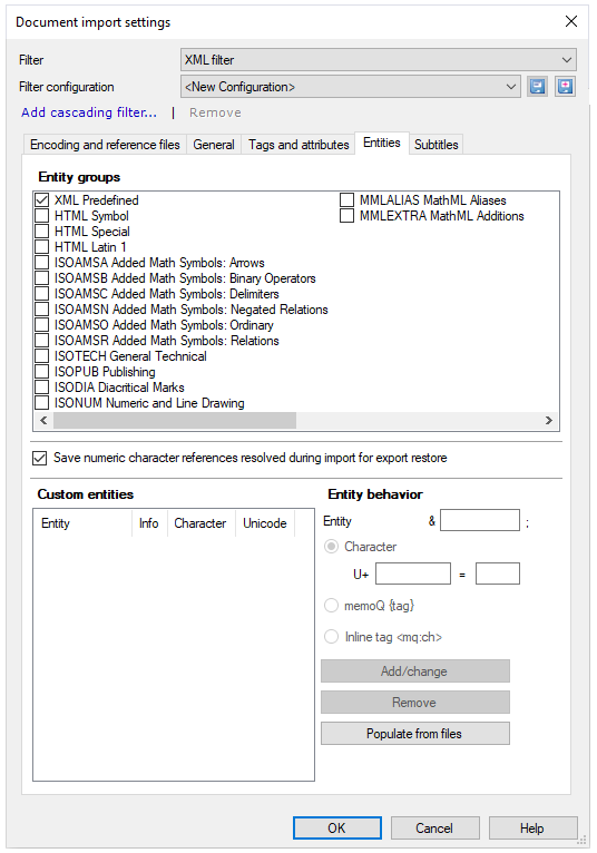 Document import settings window showing filter and filter configuration dropdowns, Add cascading filter clickable link, Entities tab with Entity groups, Custom entities, and Entity behaviors sections. OK, Cancel, Help buttons are in the bottom left corner.