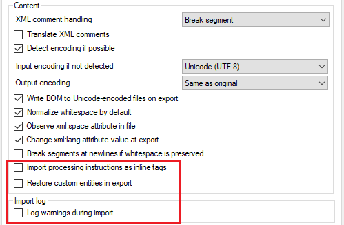 Content subsection showing import processing instructions as inline tags and restore custom entities in export check boxes, as well as Import log section with log warnings during import checkbox.
