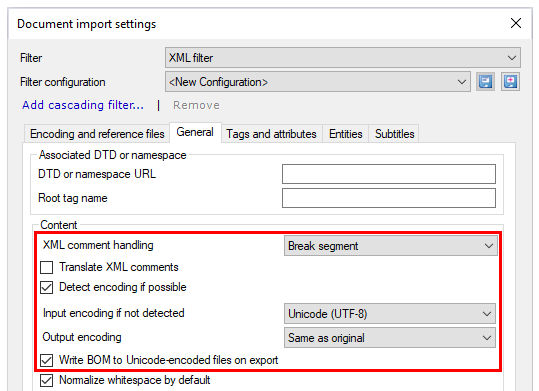 Document import settings window showing filter and filter configuration dropdowns, Add cascading filter clickable link, General tab with Associated DTD or namespace fields, content check boxes, Import log, and Preview through XSLT options. OK, Cancel, Help buttons are in the bottom left corner.