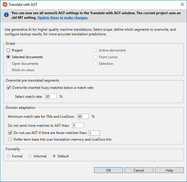 La fenêtre Traduire avec AGT affichant l’utilisation de l’IA générative pour des traductions automatiques de meilleure qualité. Sélectionnez l’étendue, définissez quels segments écraser, et configurez les résultats de recherche pour des prédictions de traduction plus précises. En dessous, il y a les sections Étendue, Écraser les segments pré-traduits, et Adaptation de domaine affichant les options disponibles à choisir. Dans le coin inférieur droit, il y a les boutons OK, Annuler et Aide.