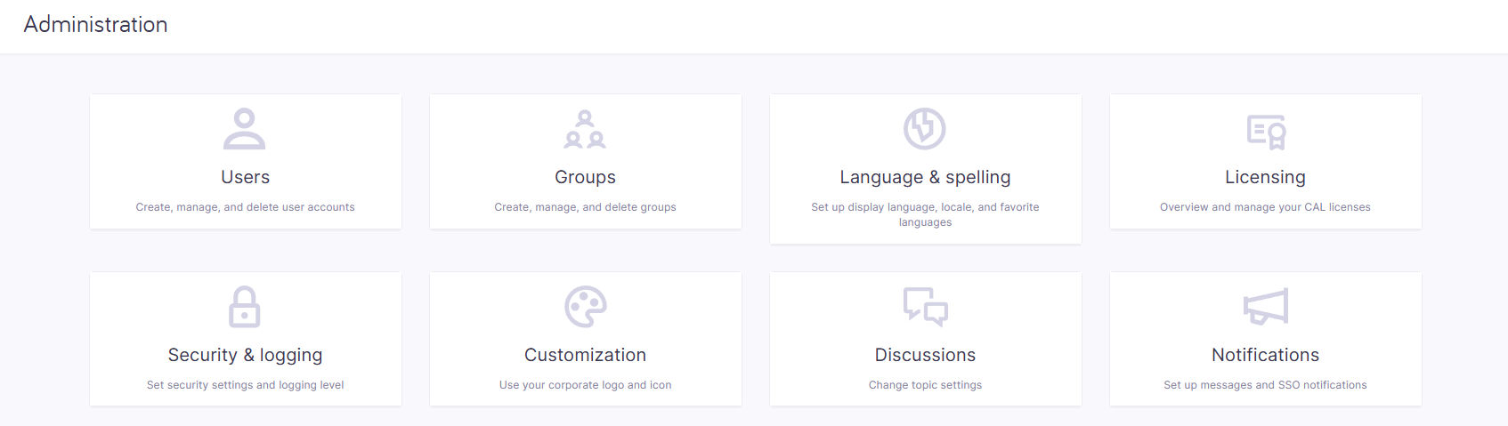 Partie de la page d’administration montrant huit tuiles : utilisateurs, groupes, Langue & orthographe, Licence, sécurité & journalisation, Personnalisation, Discussions, et notifications.