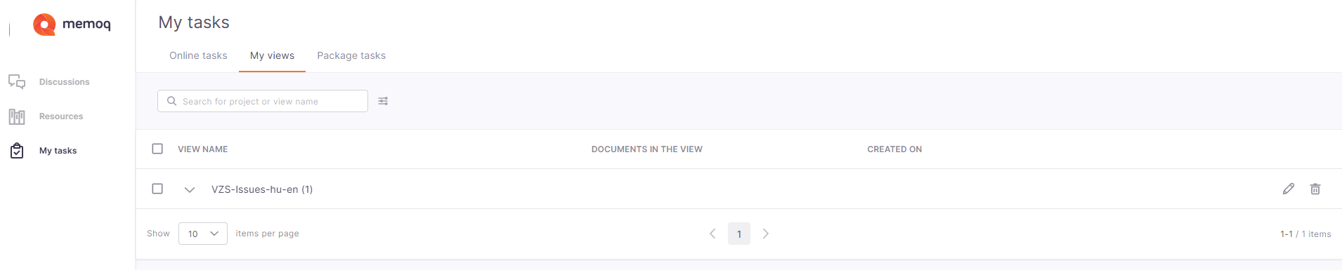 La page Mes tâches avec l’onglet Mes vues sélectionné. La page affiche une table contenant une vue nommée VZS-Issues-hu-en (1). Une barre de recherche, des contrôles de pagination et des icônes d’édition et de suppression sont visibles dans l’interface.
