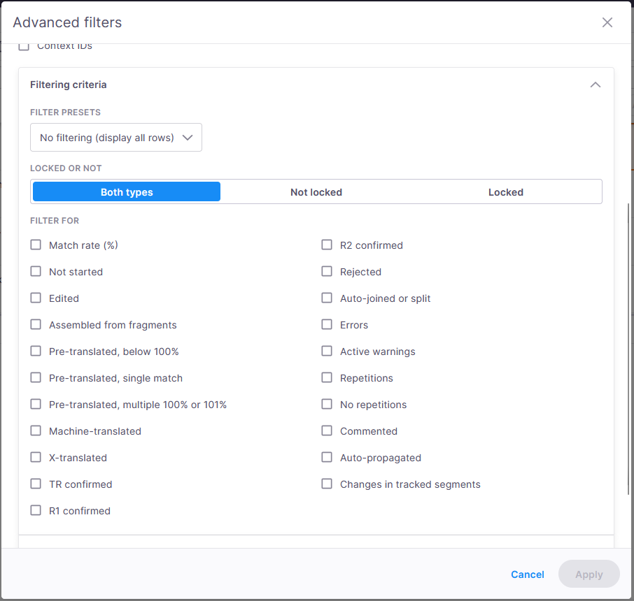 interface utilisateur pour appliquer des filtres avancés dans un outil de traduction. Elle comprend des options de filtrage telles que le pourcentage de correspondance, non commencé, modifié, état pré-traduit et d’autres catégories liées à la progression de traduction et à l’état. L’interface a des checkboxes pour filtrer les éléments en fonction de conditions variées, telles que les traductions automatiques ou les traductions confirmées.