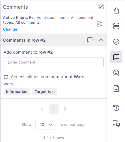 Panneau de commentaires dans une interface de traduction affichant les filtres actifs et les commentaires pour le segment n° 2. Un champ de saisie de commentaire est affiché, ainsi qu’un commentaire existant d’Accessibilité concernant le texte « Wars wars », étiqueté sous Informations et texte cible. Les contrôles de pagination et les paramètres de segments par page apparaissent en bas.