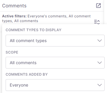 Volet de commentaires affichant les filtres pour les types de commentaires, l’étendue et les commentaires ajoutés par, tous actuellement réglés pour afficher tous les commentaires de tout le monde.