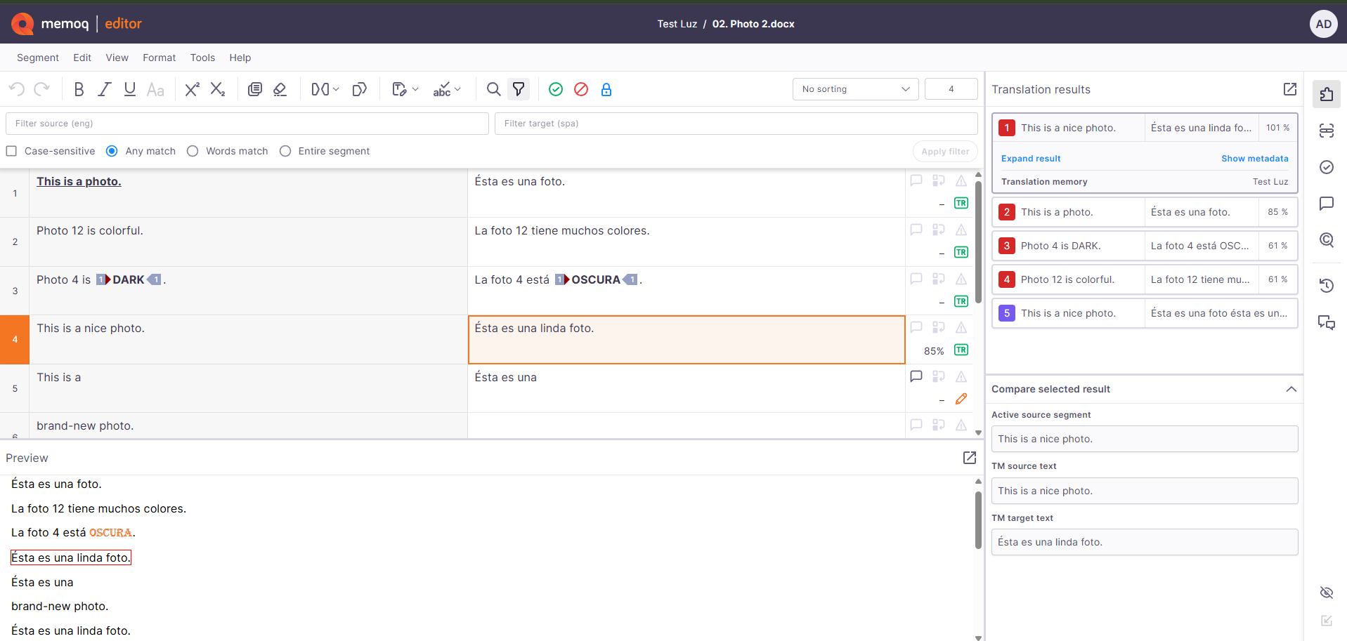 L’affichage complet de la nouvelle fenêtre de l’éditeur memoQ.